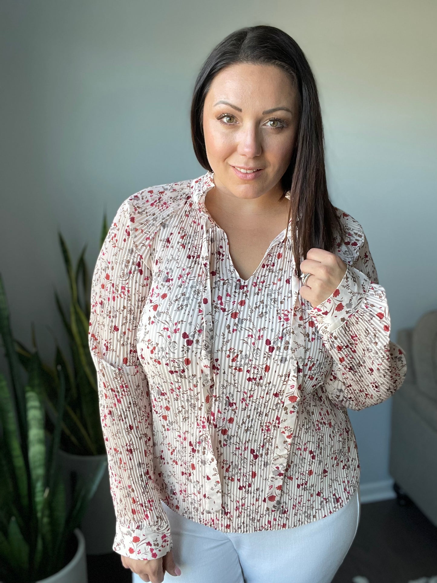 Stella Notched Neck Floral Long Sleeve Blouse