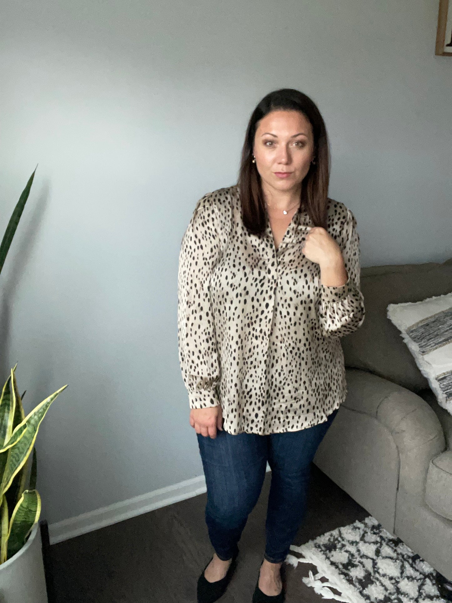 Countless Memories Split Neckline Dot Print Top