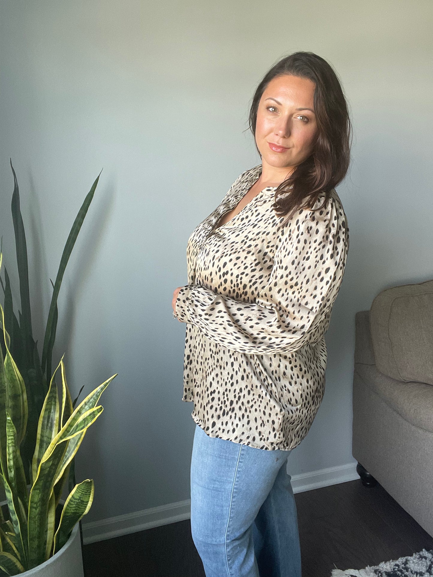 Countless Memories Split Neckline Dot Print Top