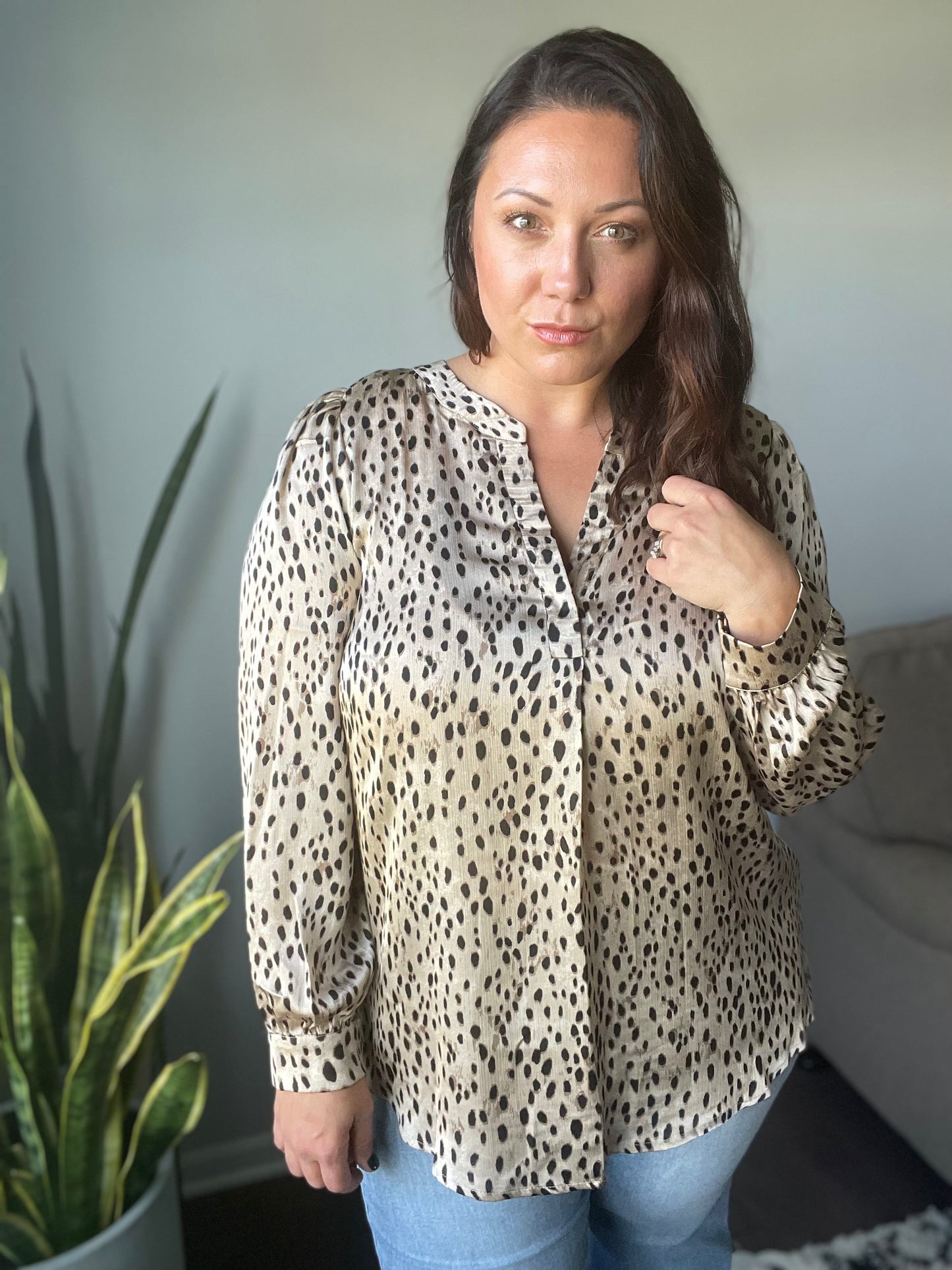 Countless Memories Split Neckline Dot Print Top