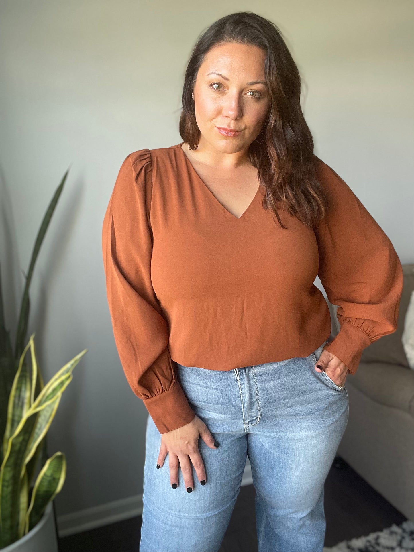 Enjoy This Moment V Neck Blouse In Toffee