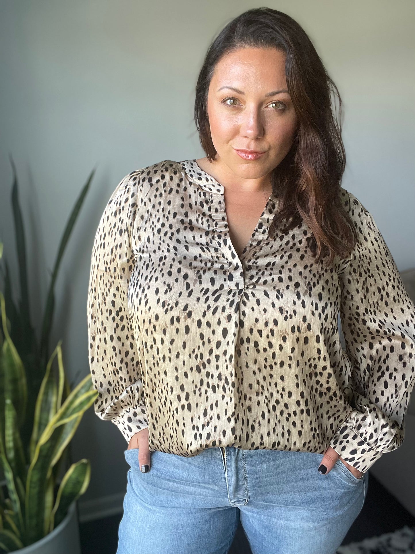 Countless Memories Split Neckline Dot Print Top