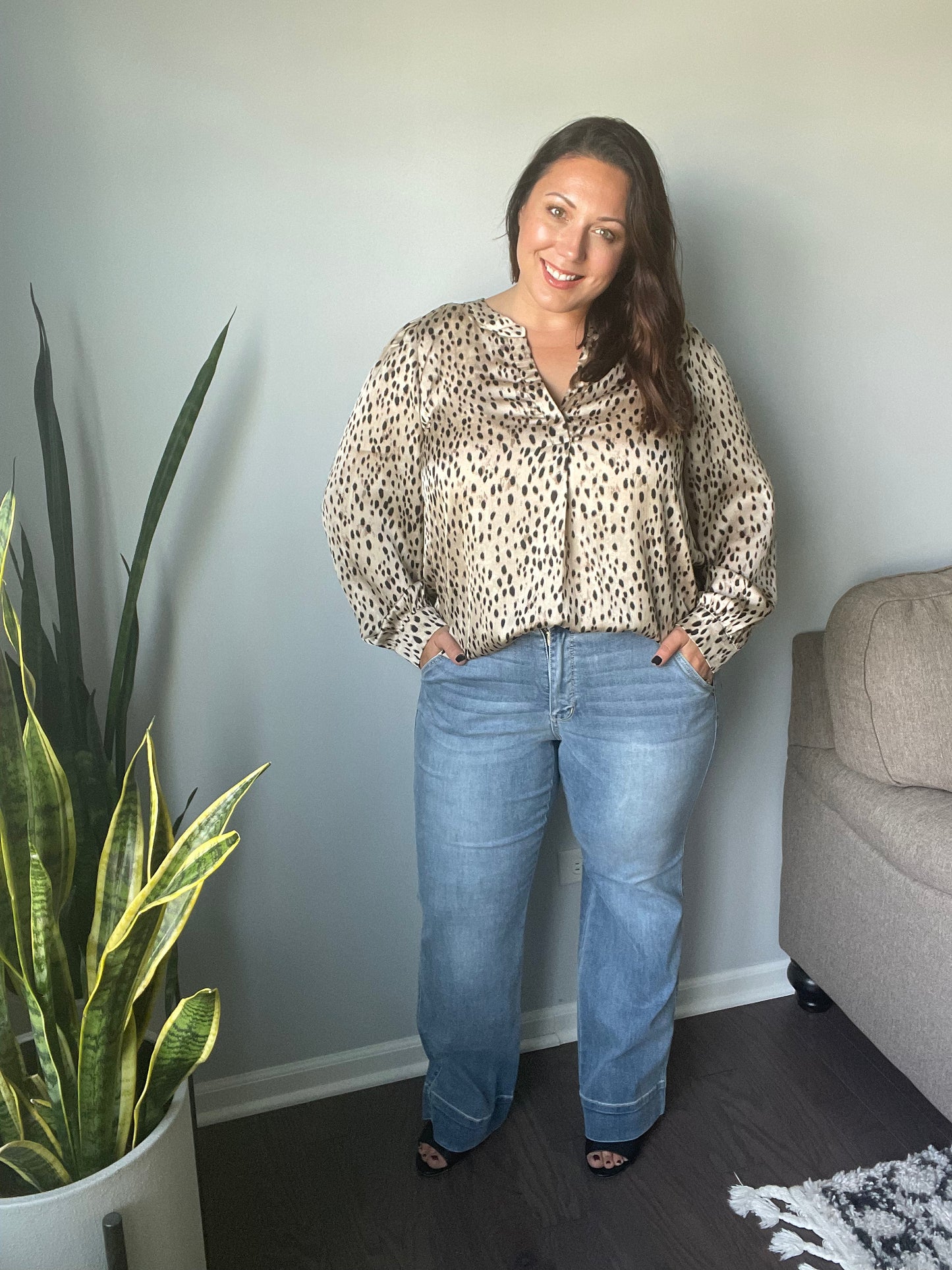 Countless Memories Split Neckline Dot Print Top