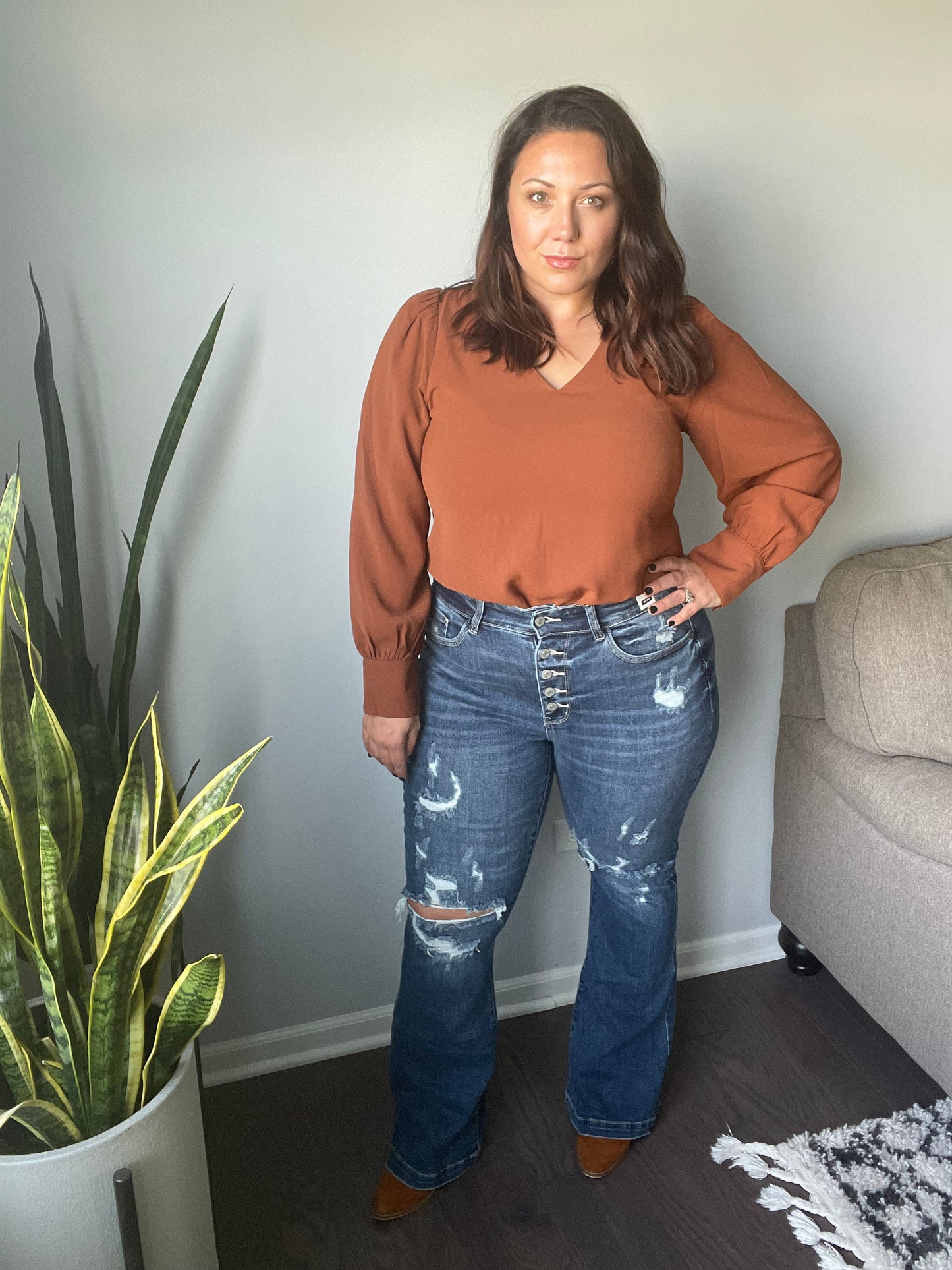 Enjoy This Moment V Neck Blouse In Toffee