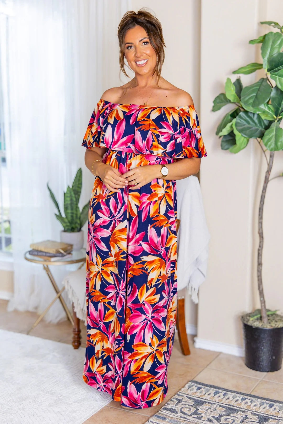 Oakley Off The Shoulder Maxi Dress - Navy Tropical