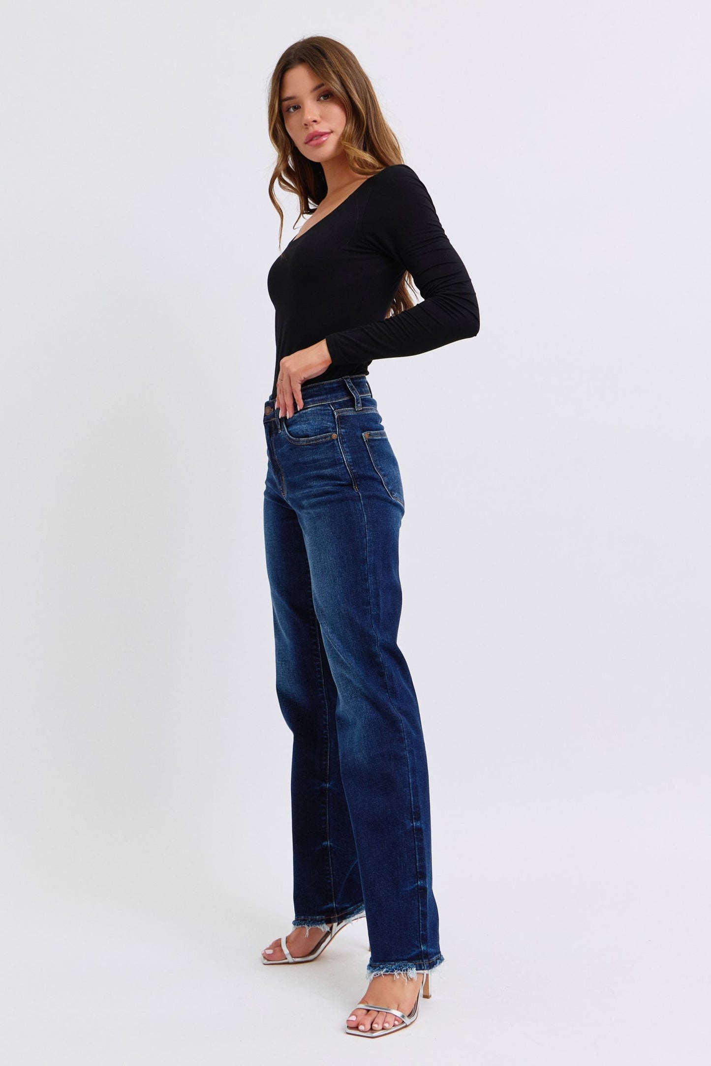 Judy Blue Midnight Horizon Mid Rise Straight Leg Fray Hem Denim Jeans