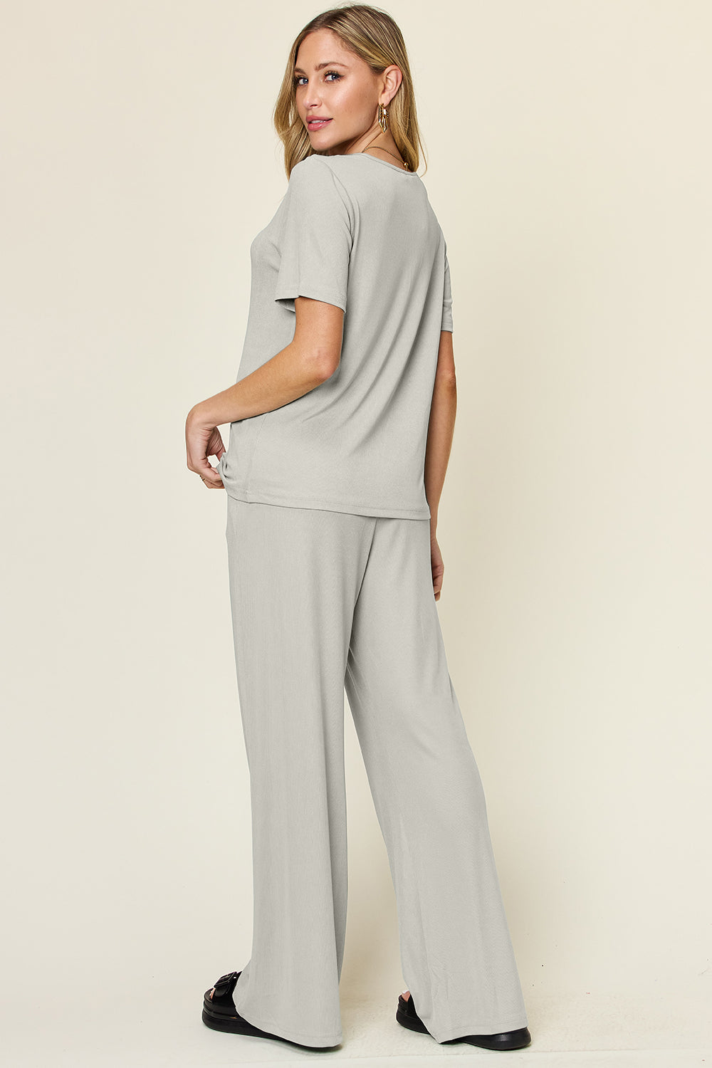 Slinky Short Sleeve Shirt and Wide Leg Pants Set in 4 Colors