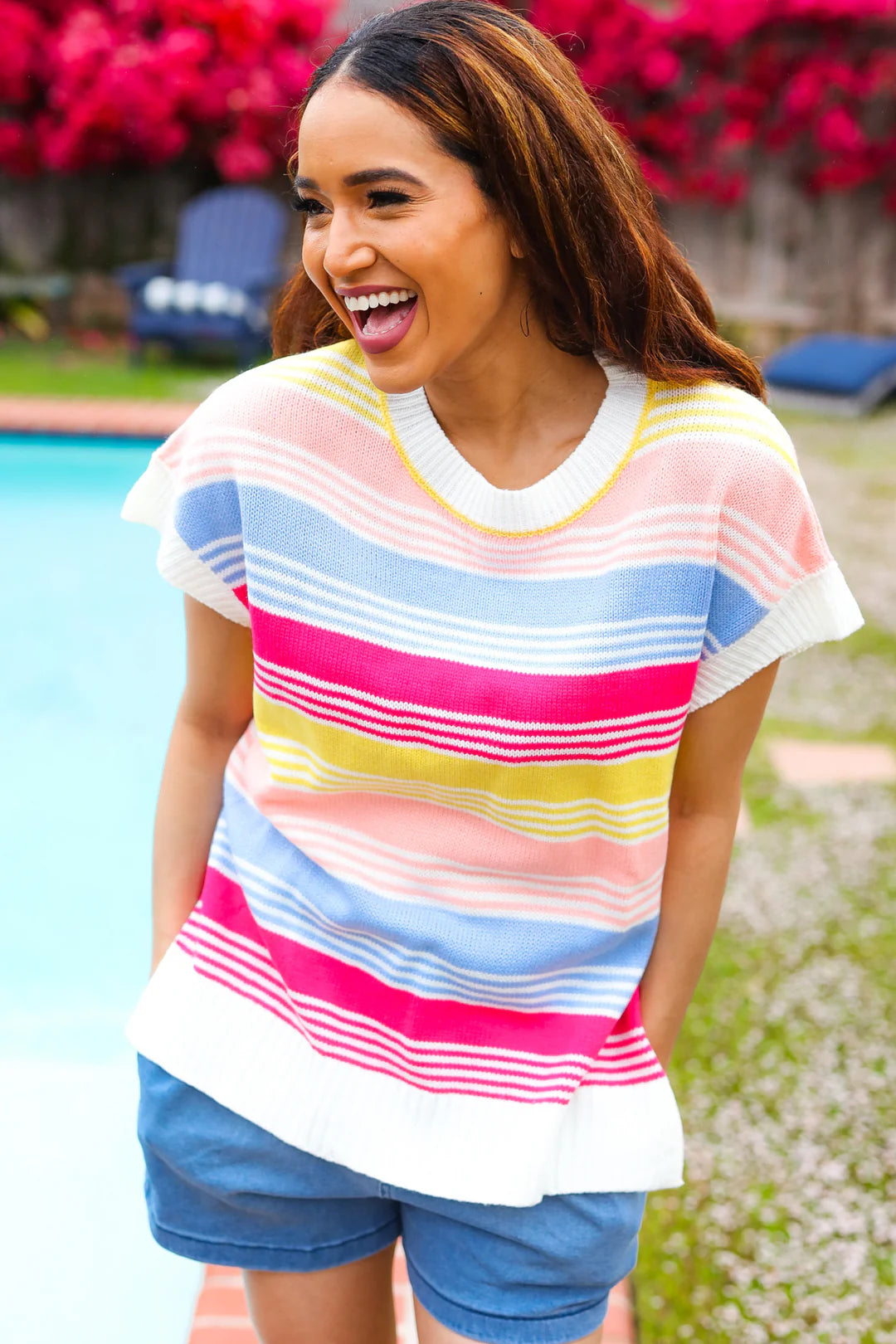 Feeling Playful Blue & Fuchsia Striped Short Dolman Sleeve Knit Top