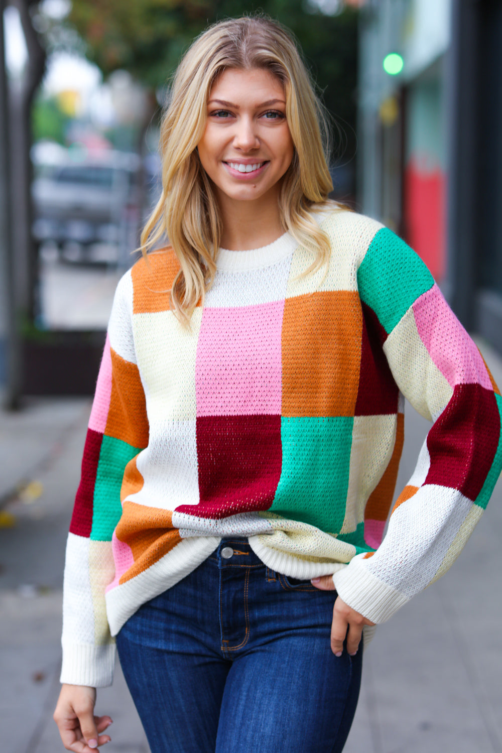 Adorable Multicolor Checker Jacquard Knit Sweater
