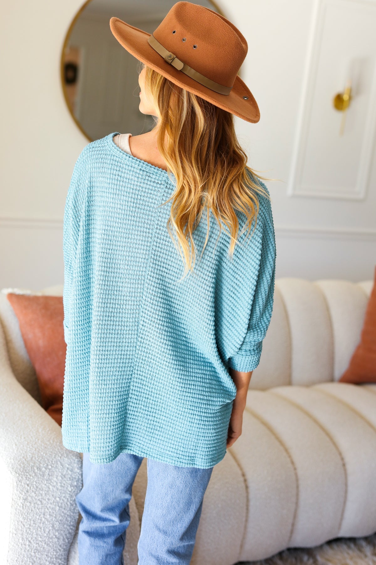 Just My Type Dusty Teal Hi-Low V Neck Sweater