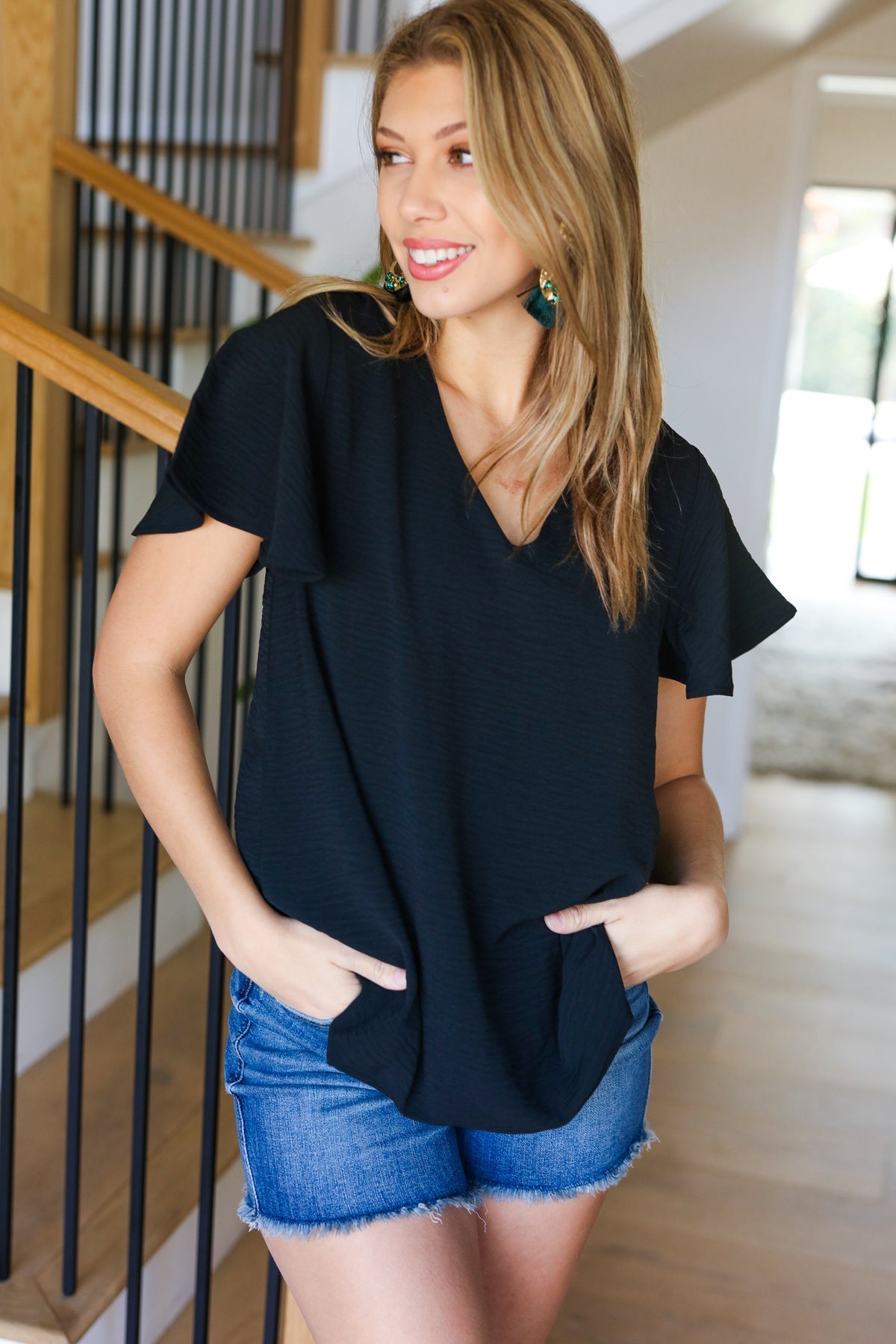 Black Flutter Sleeve V Neck Top