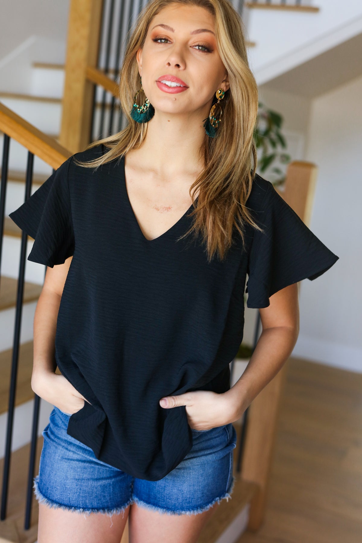 Black Flutter Sleeve V Neck Top