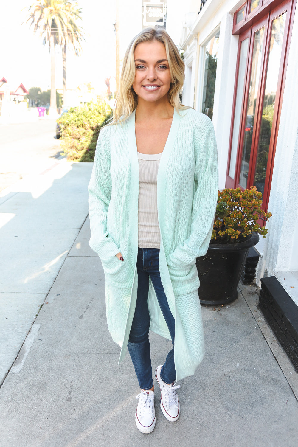 Perfectly You Mint Front Pocket Open Cardigan