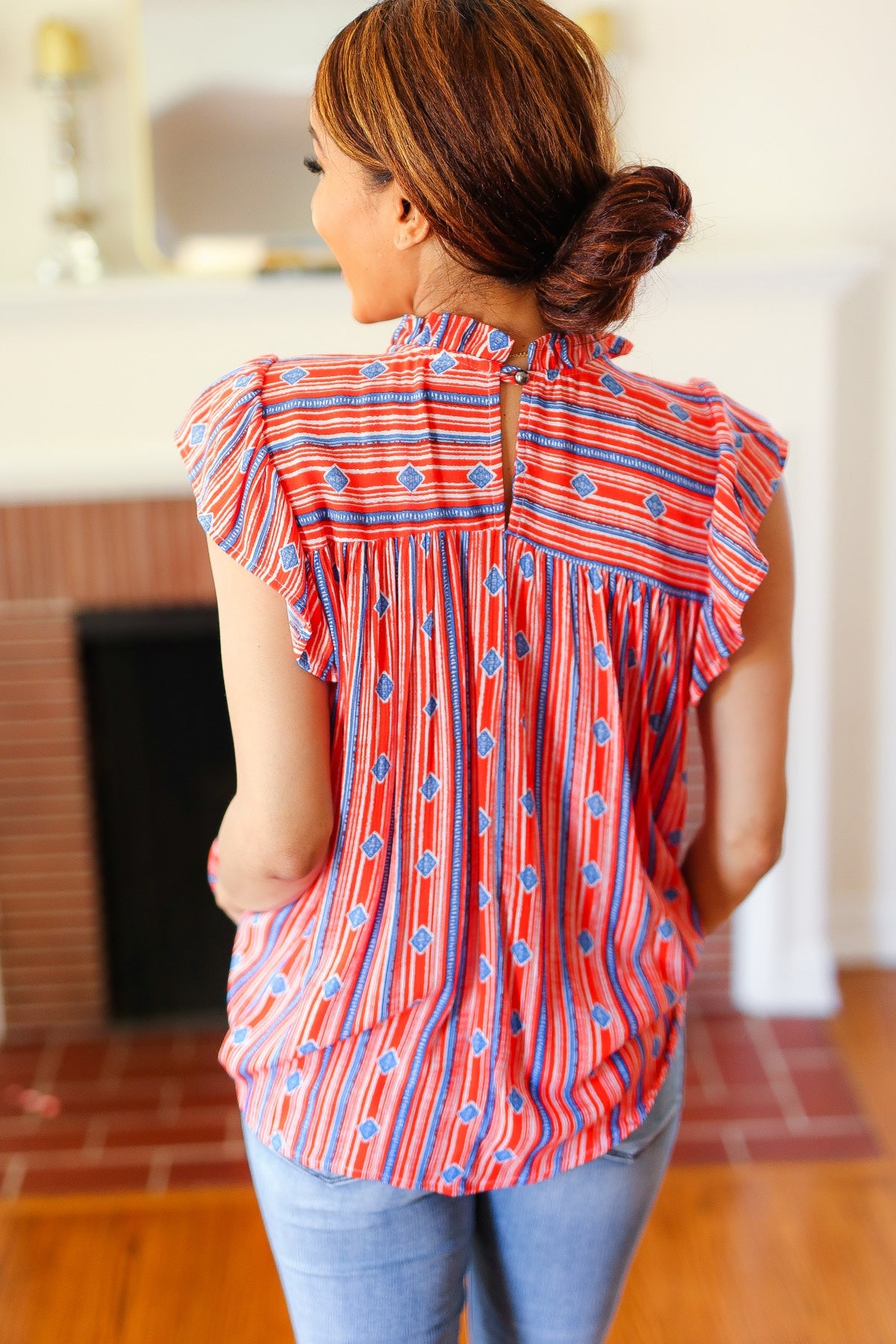 Red & Blue Boho Stripe Flutter Sleeve Top (Copy)