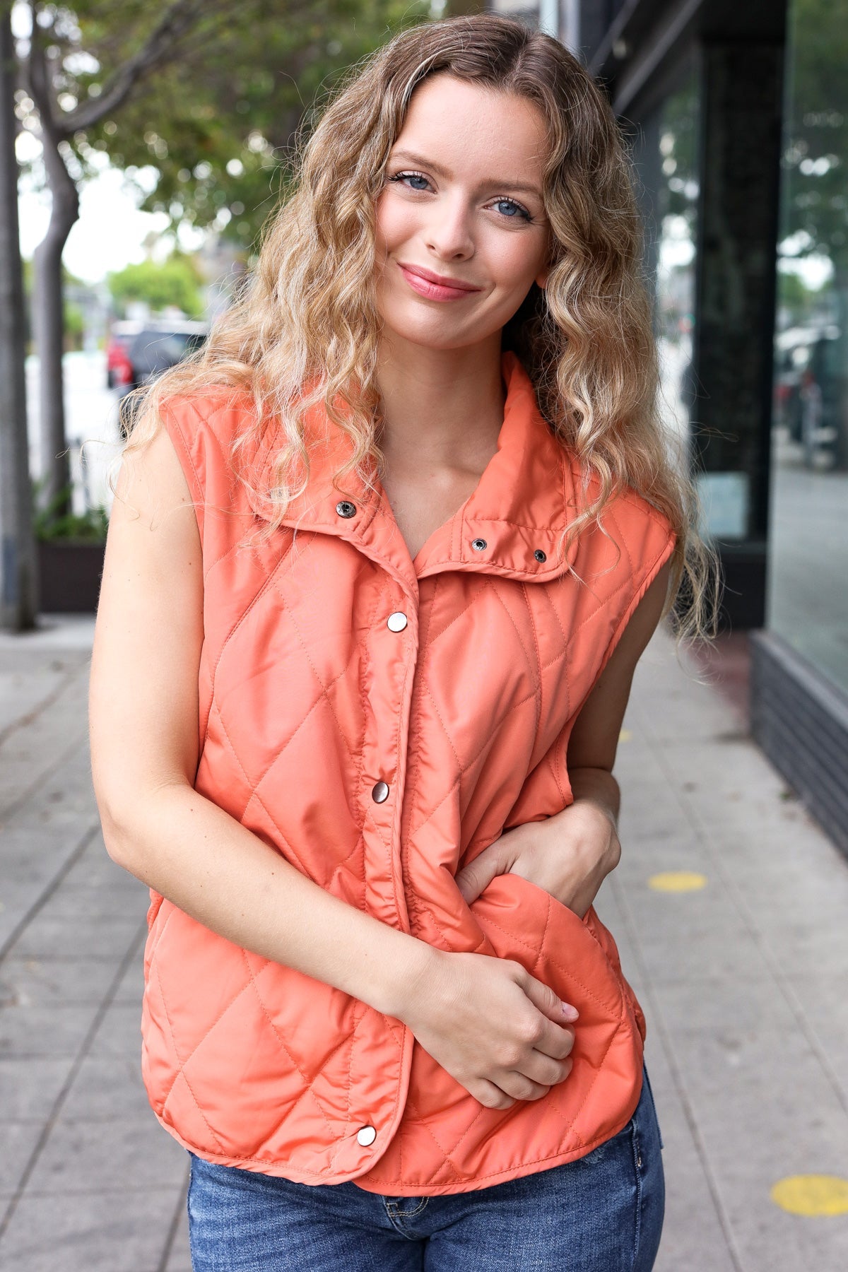 Weekend Ready Soft Orange High Neck Snap Button Quilted Puffer Vest