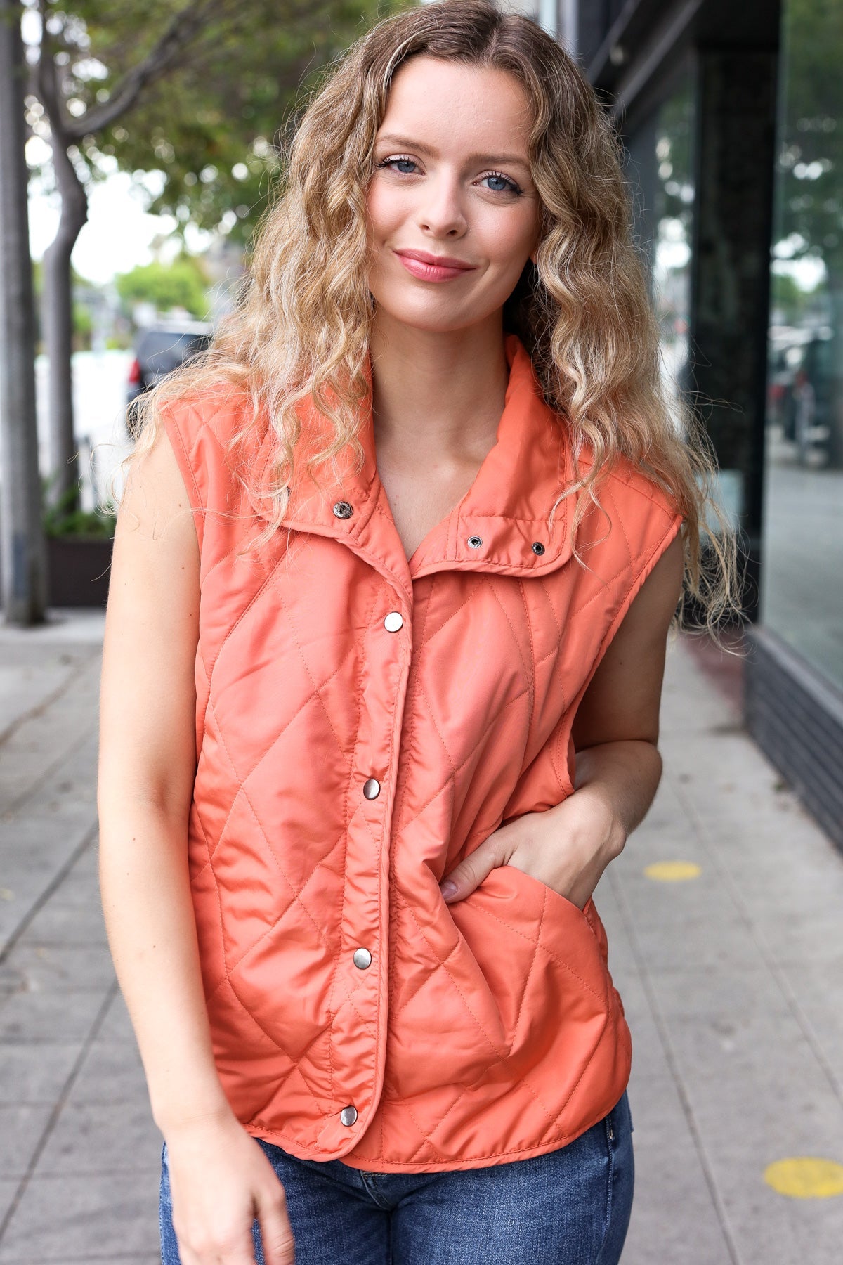 Weekend Ready Soft Orange High Neck Snap Button Quilted Puffer Vest