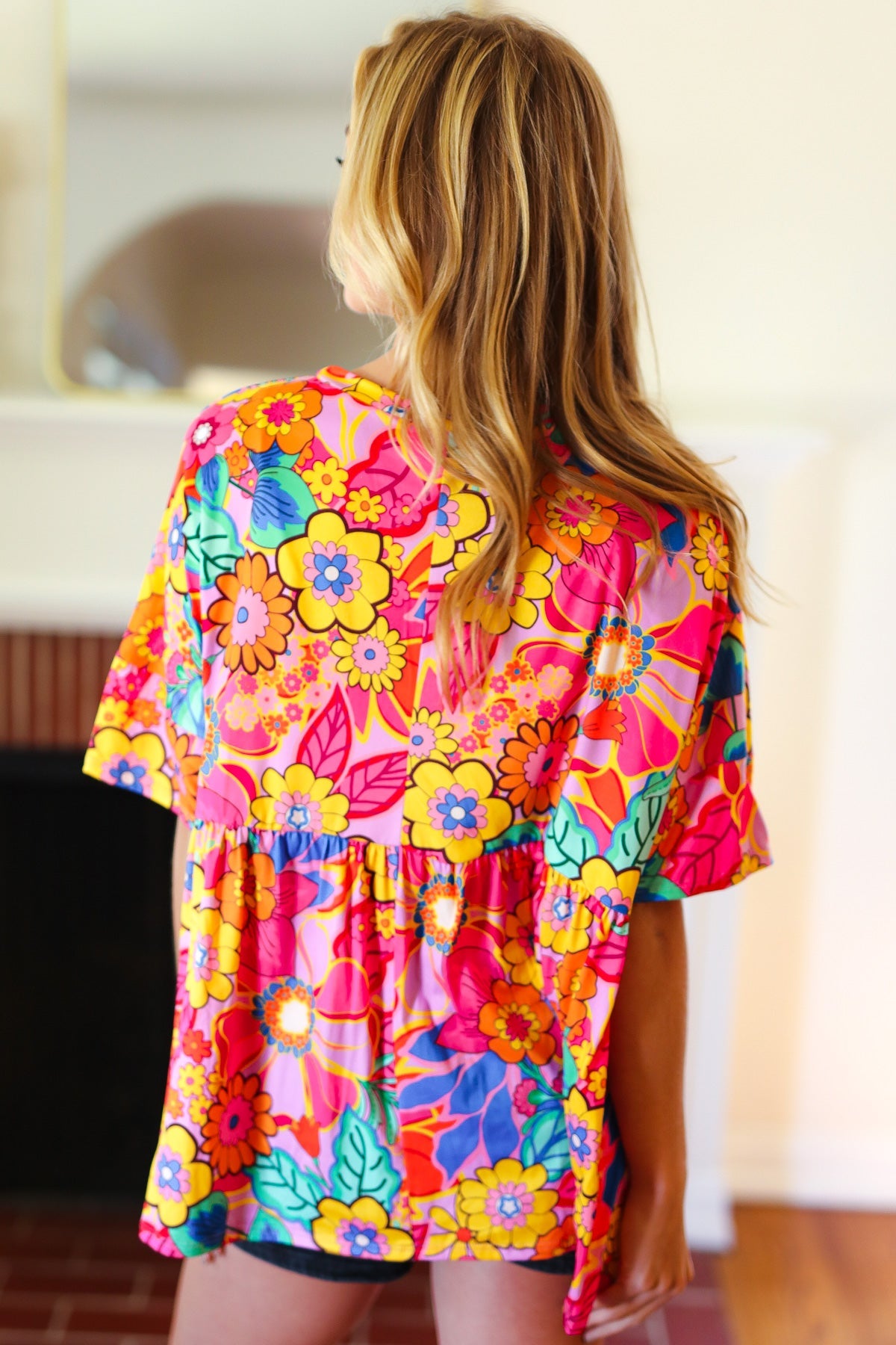 Yellow & Fuchsia Retro Floral Babydoll Top