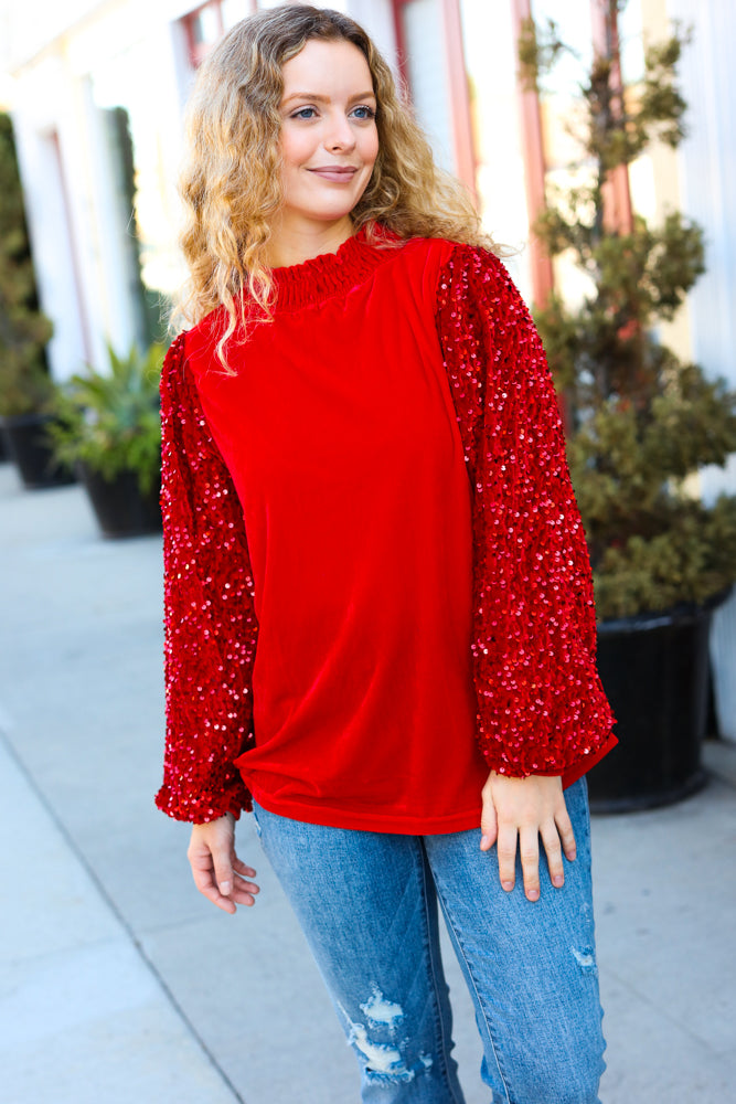 Under the Lights Red Velvet & Sequins Mock Neck Top