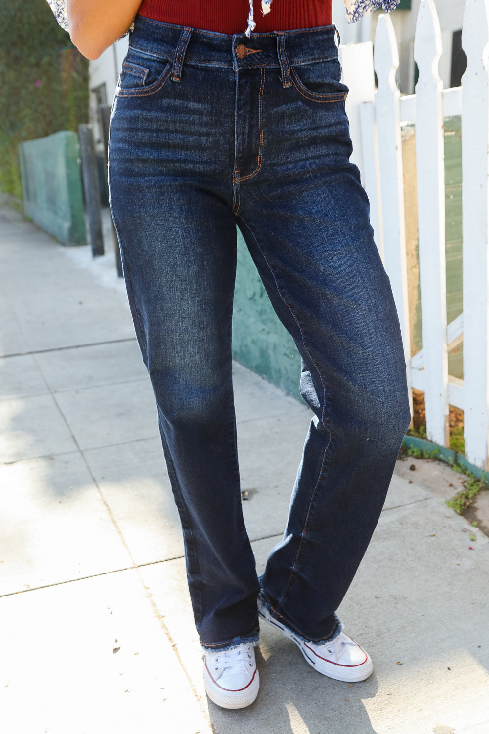 Judy Blue Midnight Horizon Mid Rise Straight Leg Fray Hem Denim Jeans