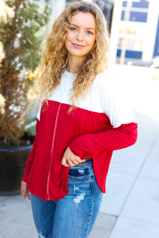 Festive Red & White Drop Shoulder Outseam Color Block Top