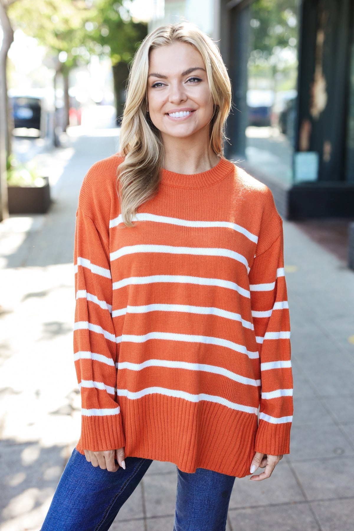 Stand Out Pumpkin Striped Oversized Knit Sweater