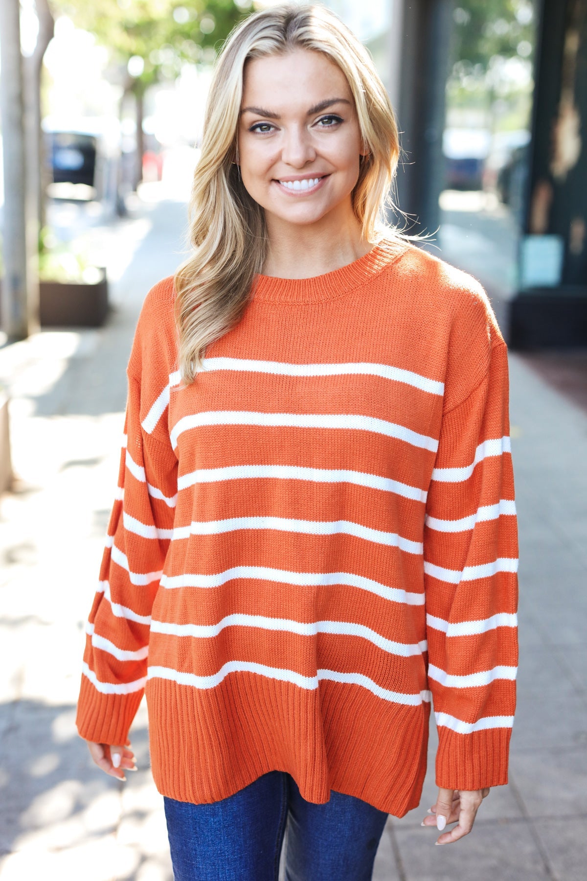 Stand Out Pumpkin Striped Oversized Knit Sweater