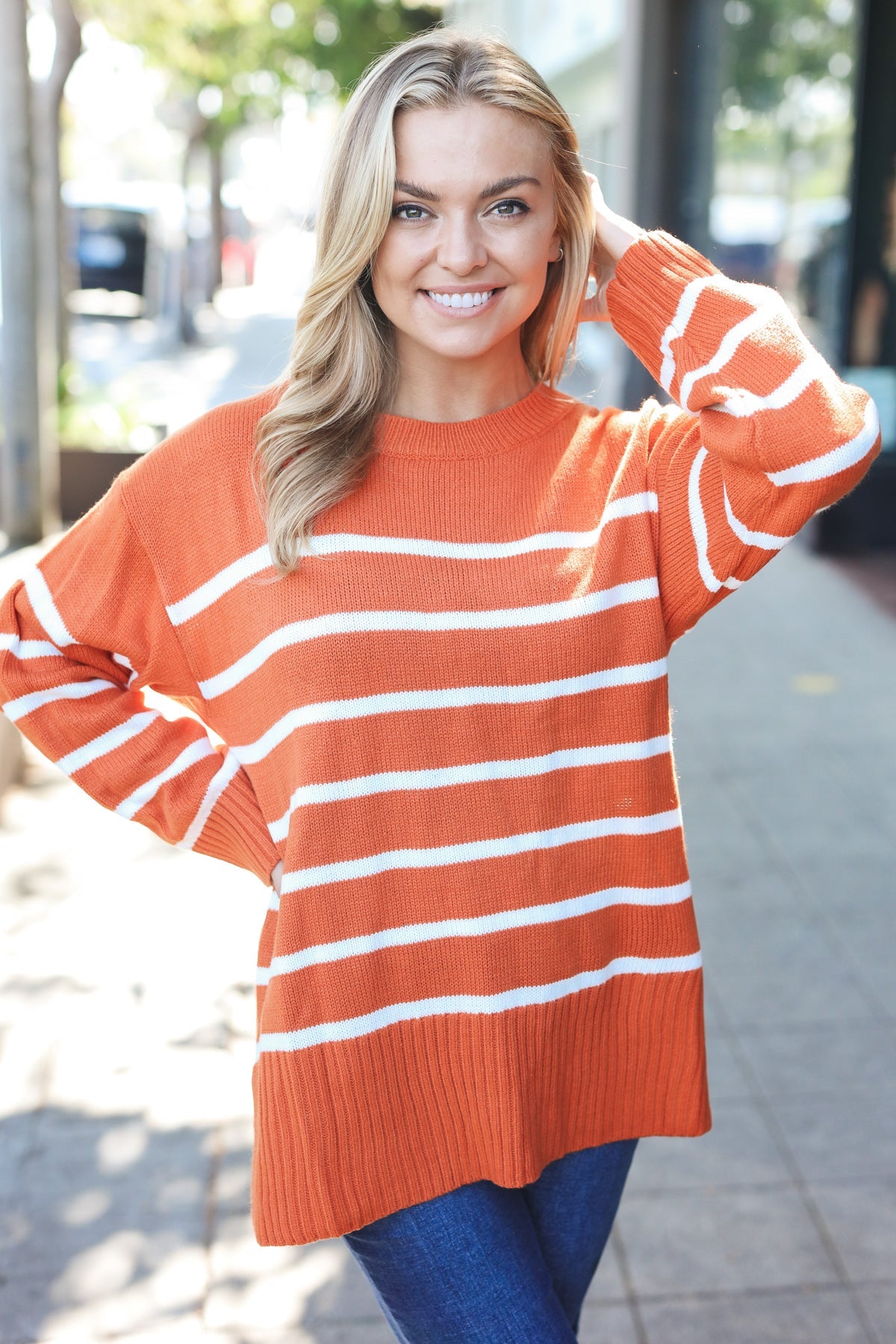 Stand Out Pumpkin Striped Oversized Knit Sweater