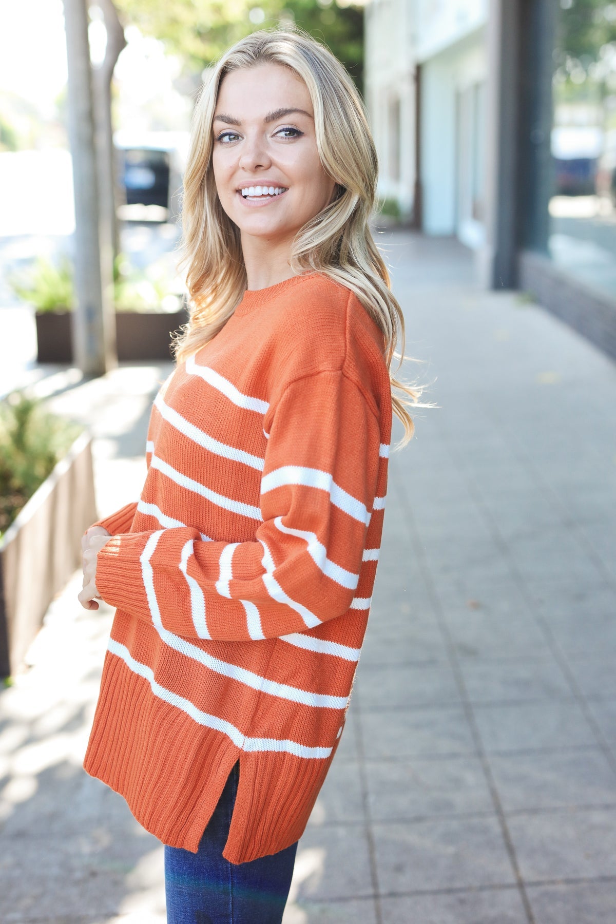 Stand Out Pumpkin Striped Oversized Knit Sweater