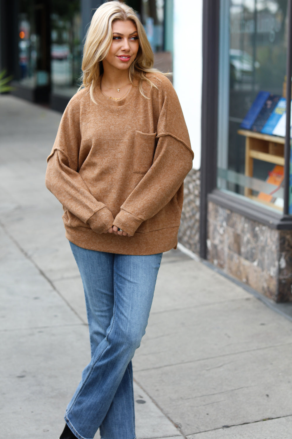 Zenana Drop Shoulder Melange Sweater in Camel