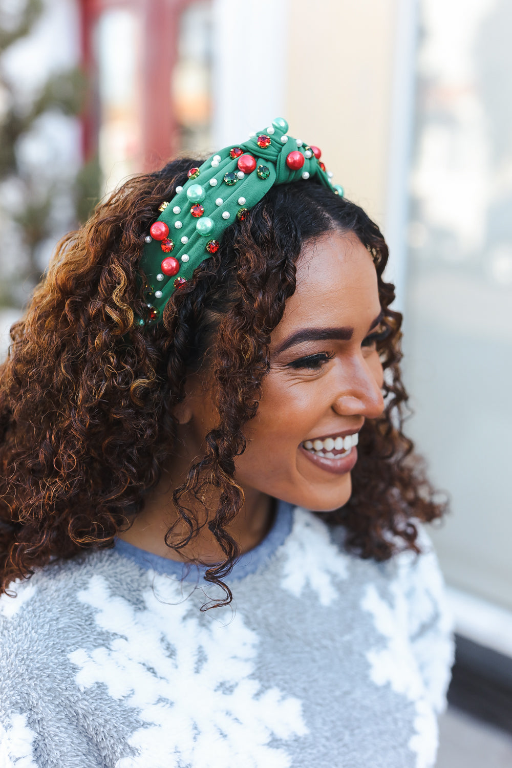 Green Faux Pearl & Jewels Top Knot Holiday Headband