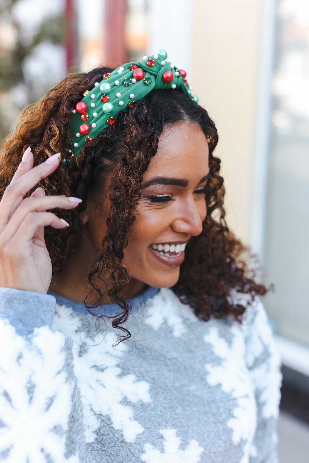 Green Faux Pearl & Jewels Top Knot Holiday Headband