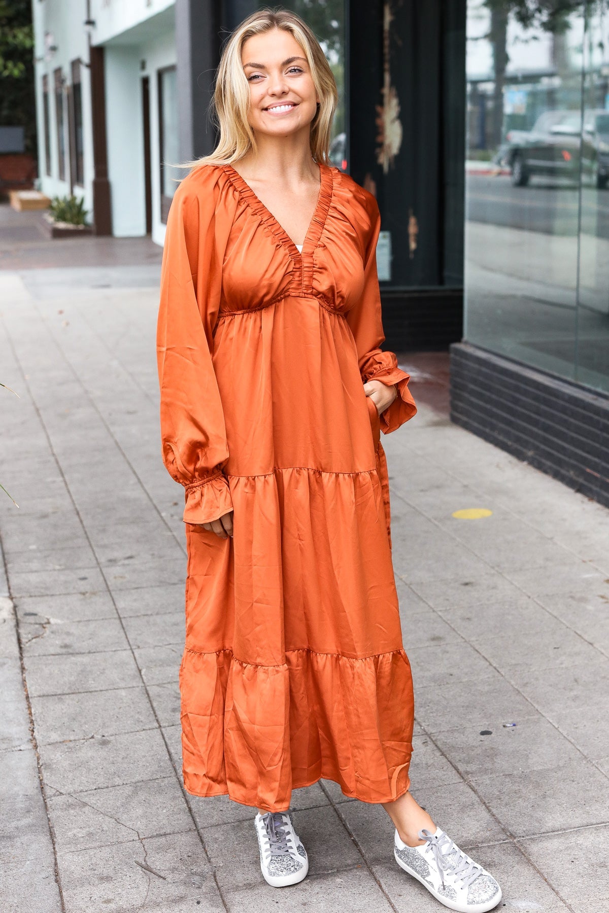 Makes me Want to Skip Tiered Satin Maxi Dress in Rust