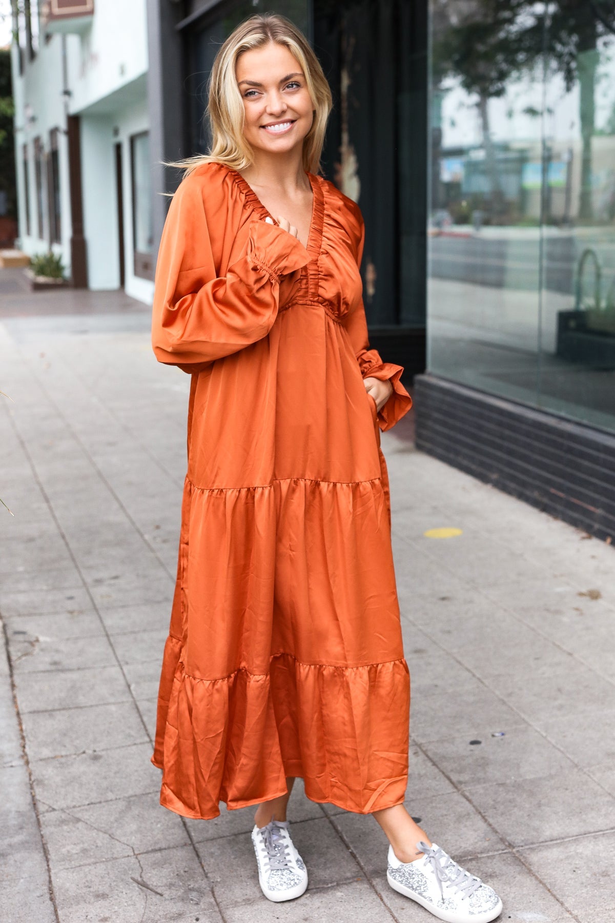 Makes me Want to Skip Tiered Satin Maxi Dress in Rust