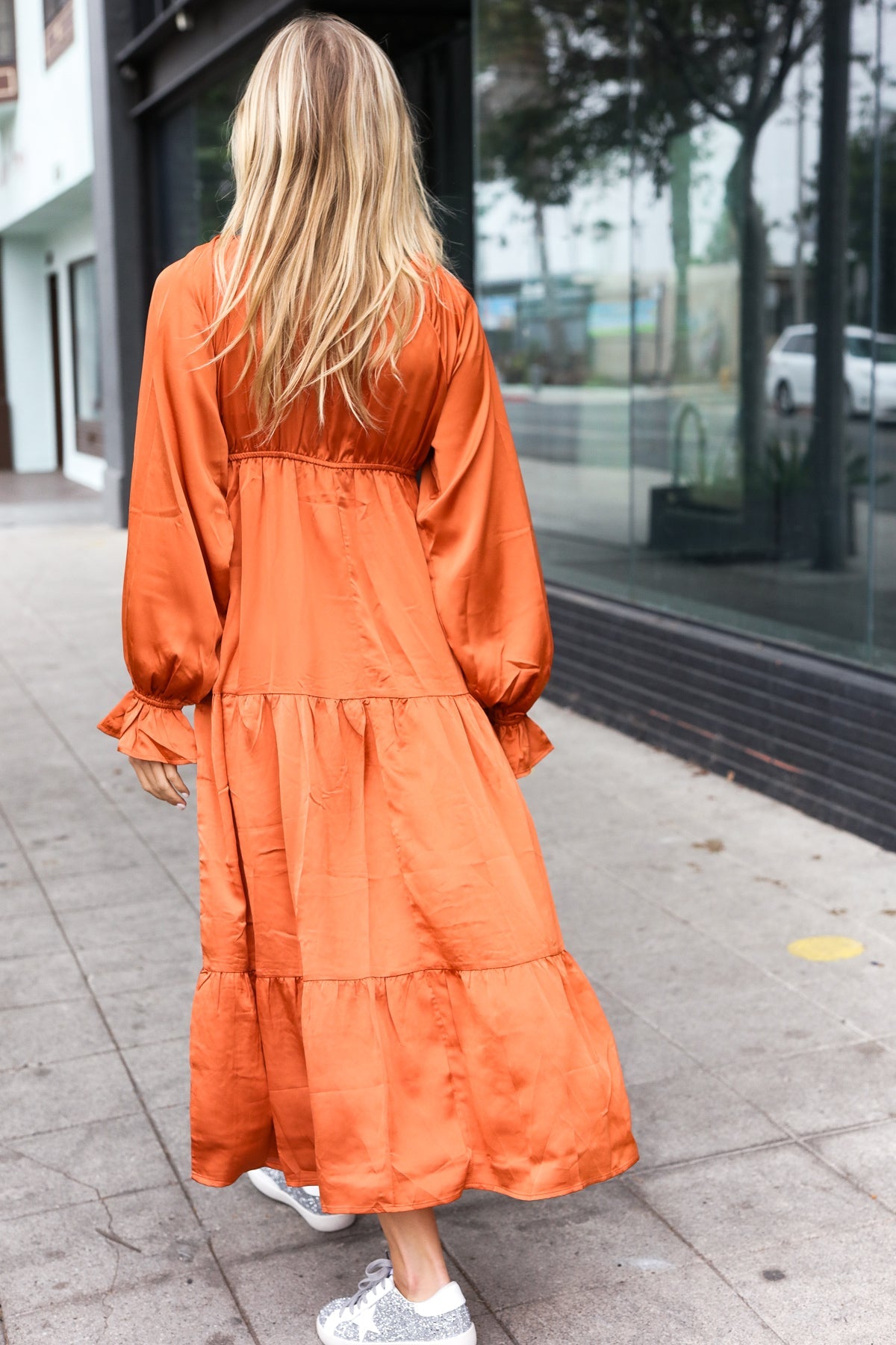 Makes me Want to Skip Tiered Satin Maxi Dress in Rust