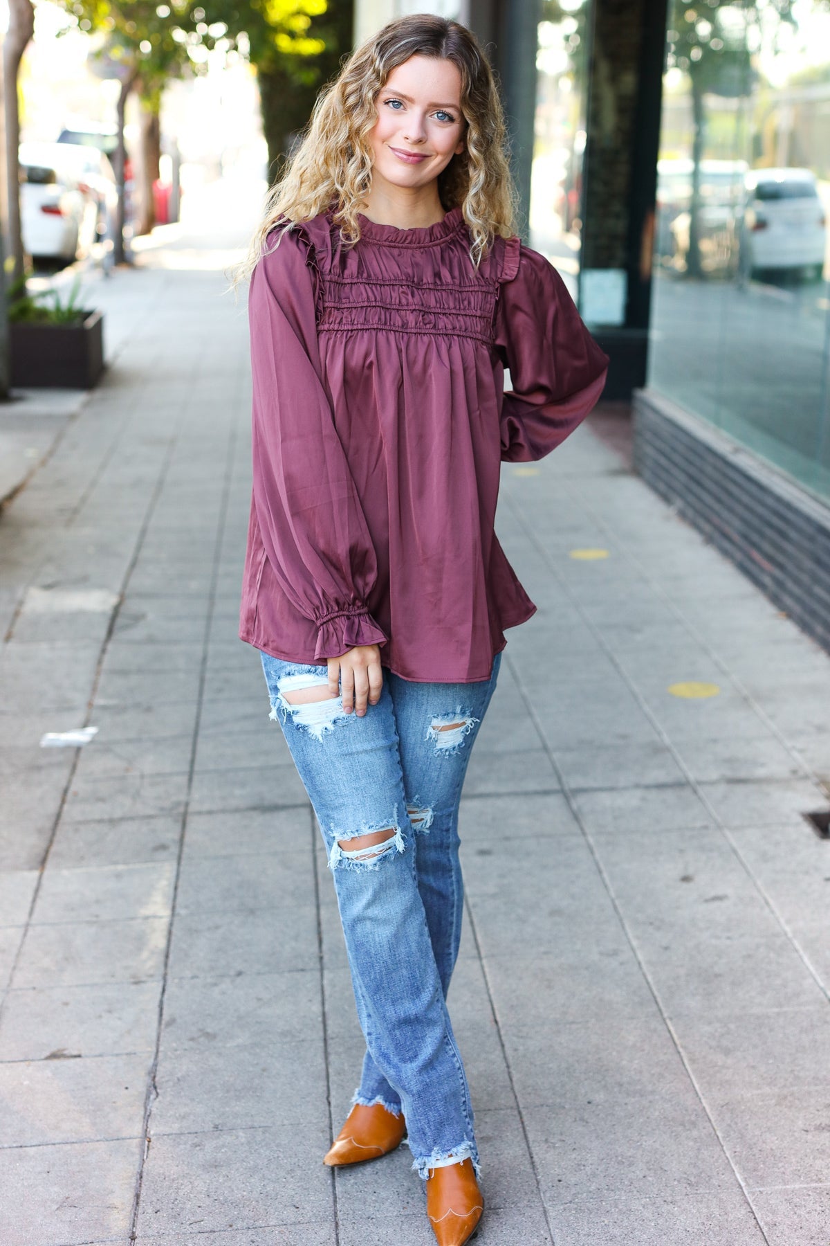 Be Your Best Satin Shirred Yoke Frilled Mock Neck Top in Wine