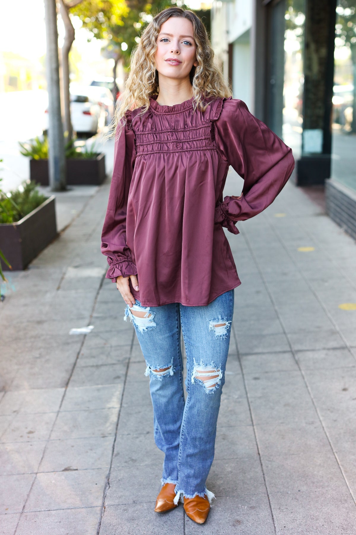 Be Your Best Satin Shirred Yoke Frilled Mock Neck Top in Wine