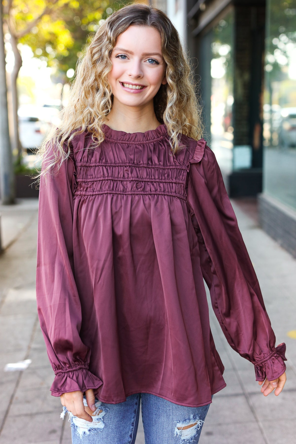 Be Your Best Satin Shirred Yoke Frilled Mock Neck Top in Wine