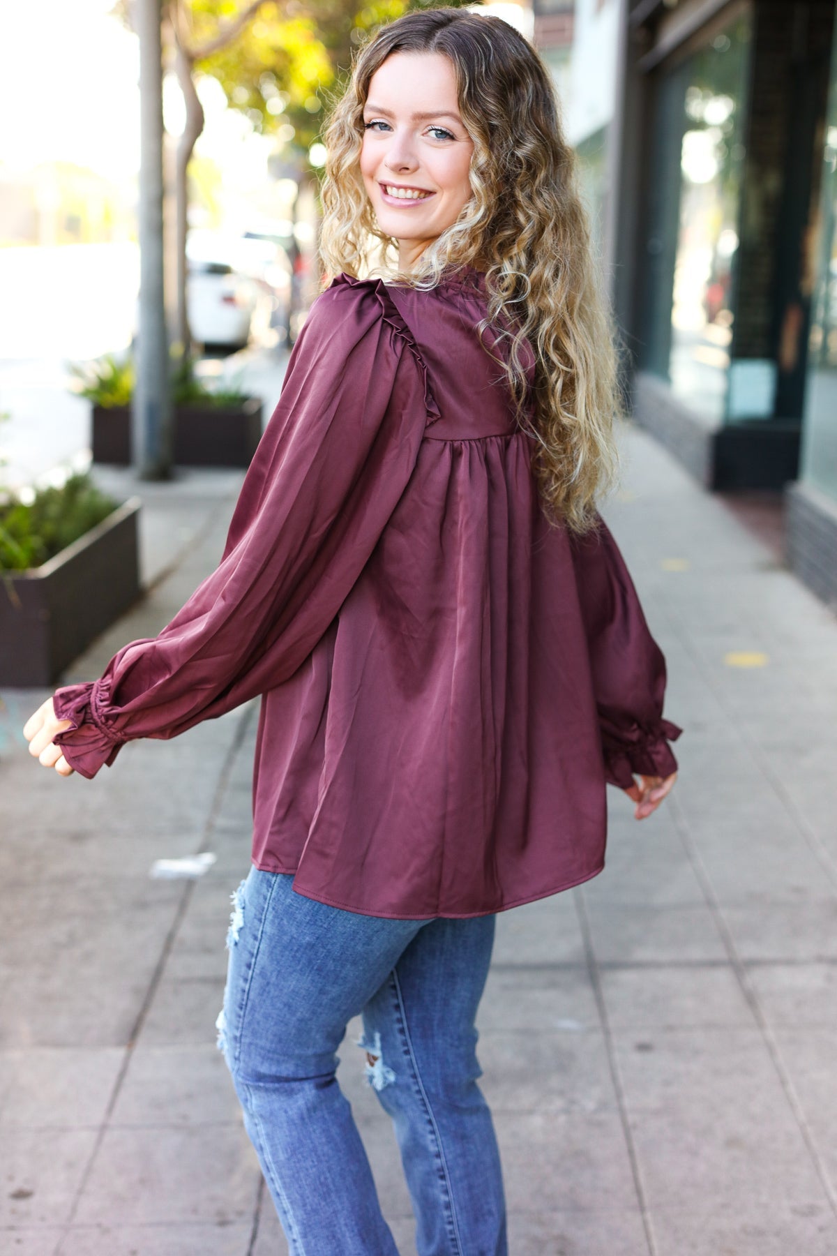 Be Your Best Satin Shirred Yoke Frilled Mock Neck Top in Wine