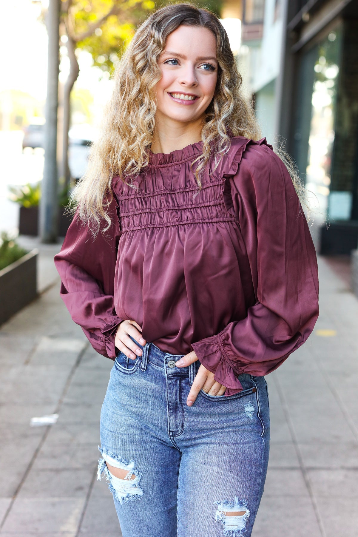 Be Your Best Satin Shirred Yoke Frilled Mock Neck Top in Wine