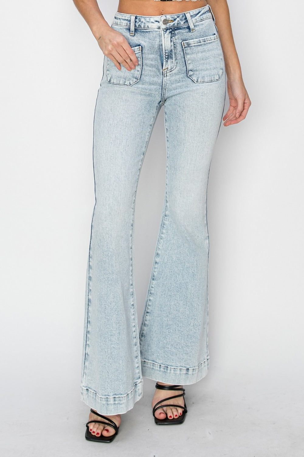 Ava Michelle High Rise Front Patch Pocket Flare Jeans (Tall/Long Friendly)