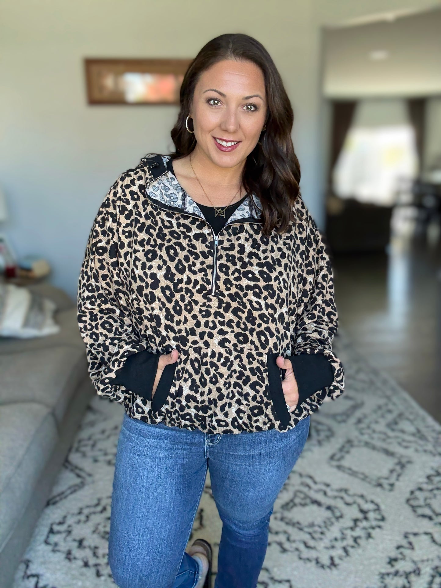 BiBi Leopard Print Textured Half Zip Up Hoodie