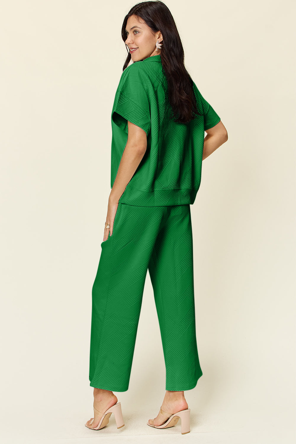 Textured Half Zip Short Sleeve Top and Wide Leg Crop Pants Set in 8 Colors