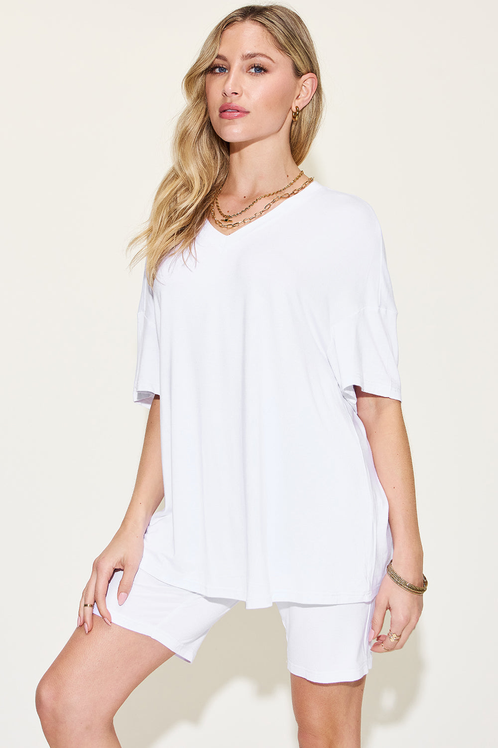 Basic Bae V-Neck Drop Shoulder T-Shirt and Shorts Set (7 Colors)