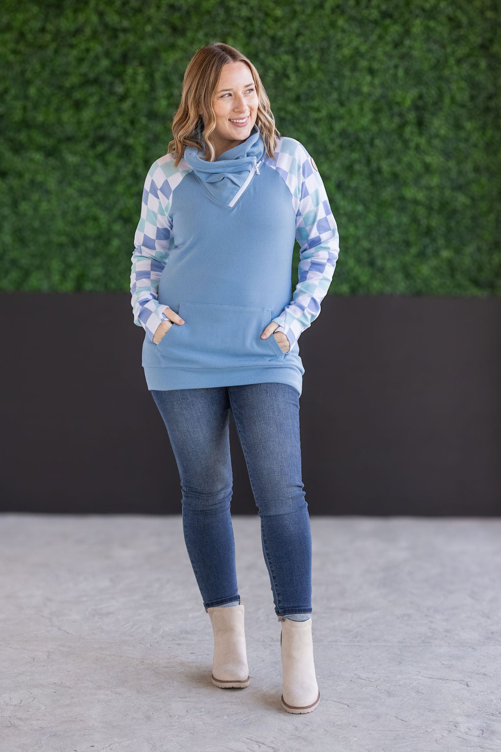 IN STOCK Zoey ZipCowl Sweatshirt - Blue and Mint Checker MM EXCLUSIVE