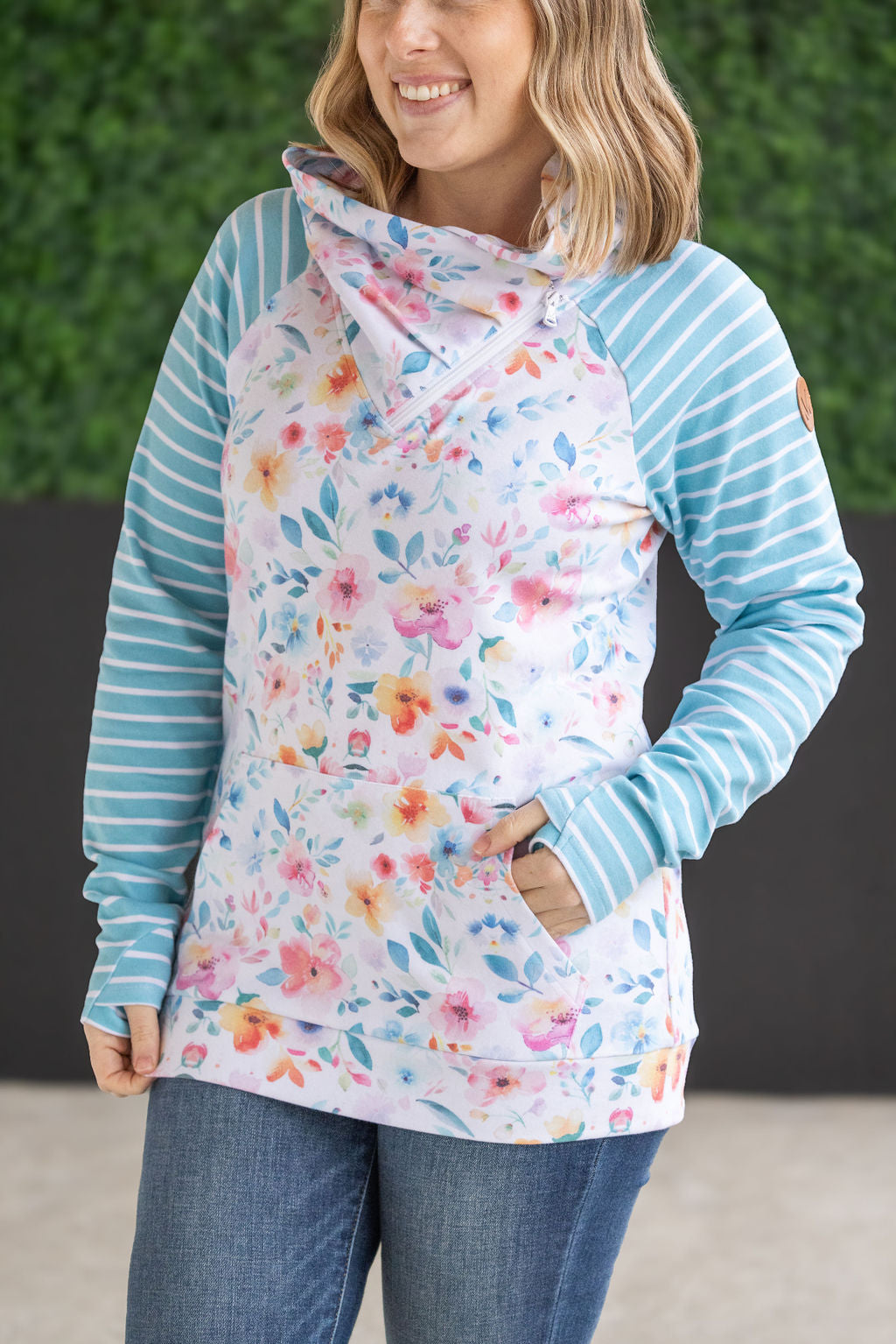 IN STOCK Zoey ZipCowl Sweatshirt - Watercolor Floral and Stripes