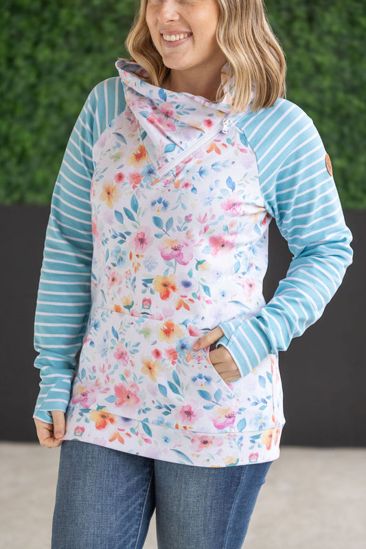 IN STOCK Zoey ZipCowl Sweatshirt - Watercolor Floral and Stripes