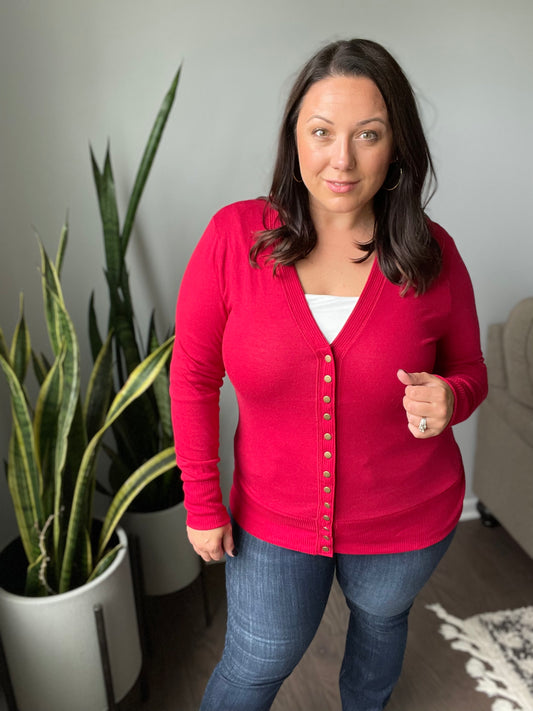 Zenana Snap Button Rib Cardigan in Red