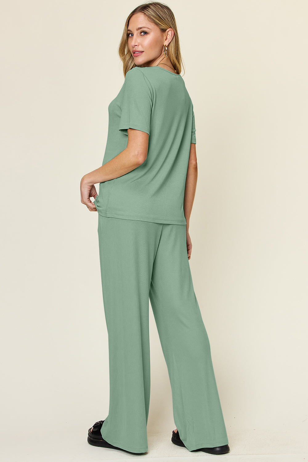 Slinky Short Sleeve Shirt and Wide Leg Pants Set in 4 Colors