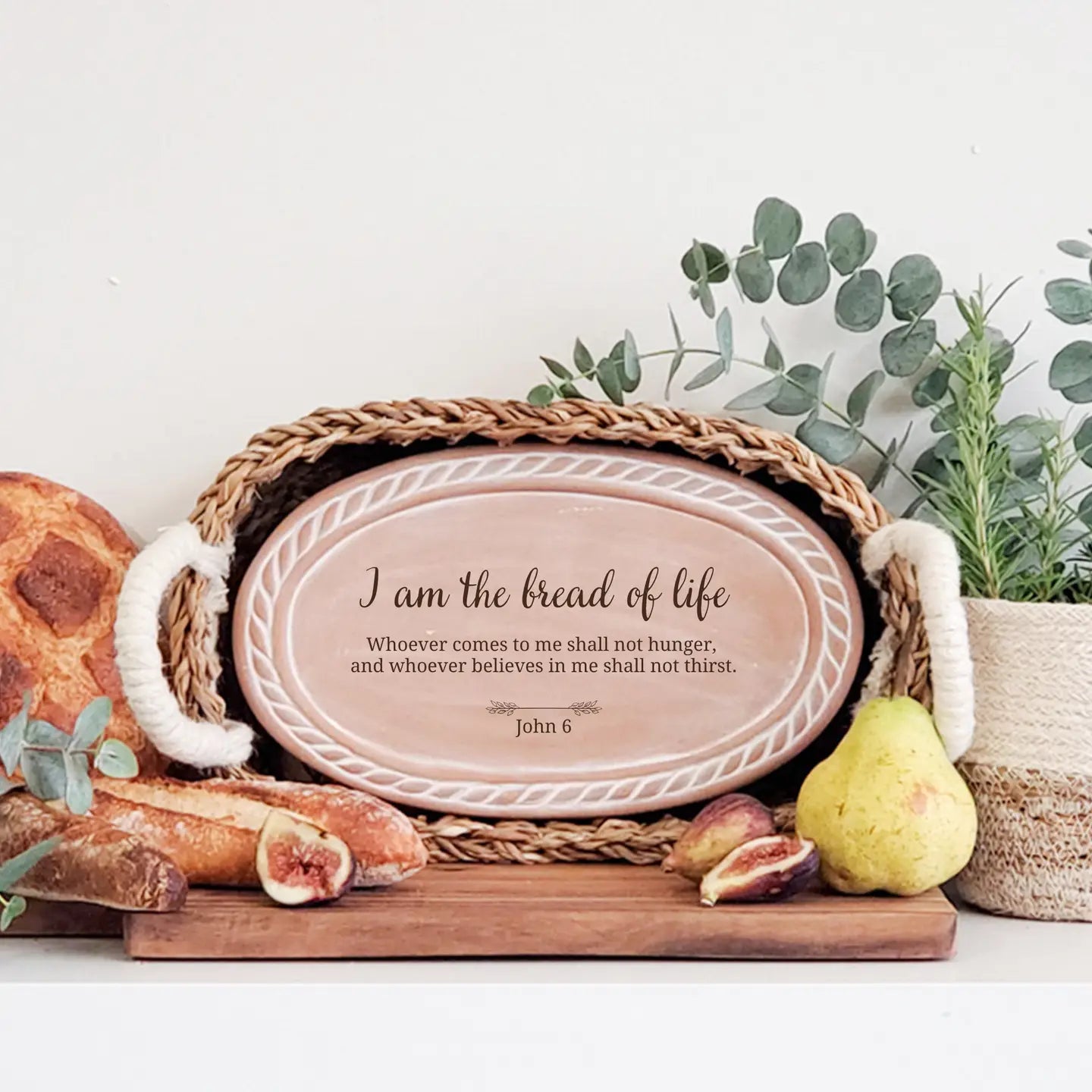 Handmade Bread Warmer & Wicker Basket - Bread of Life Bible Verse - Oval