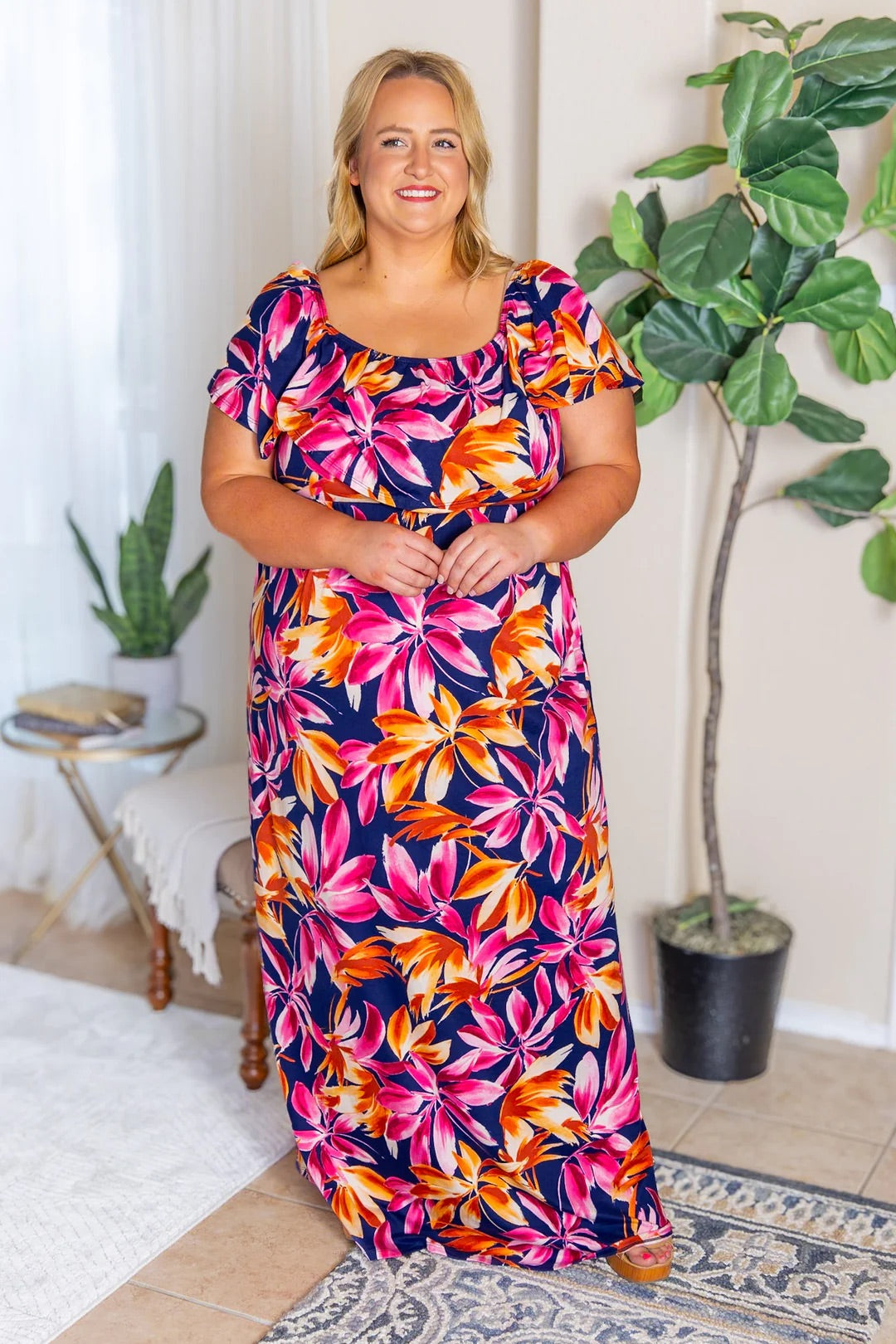 Oakley Off The Shoulder Maxi Dress - Navy Tropical